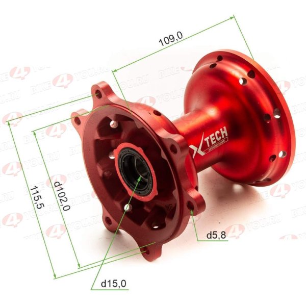 Ступица передняя CNC (R21" d=15mm) красная X-TECH